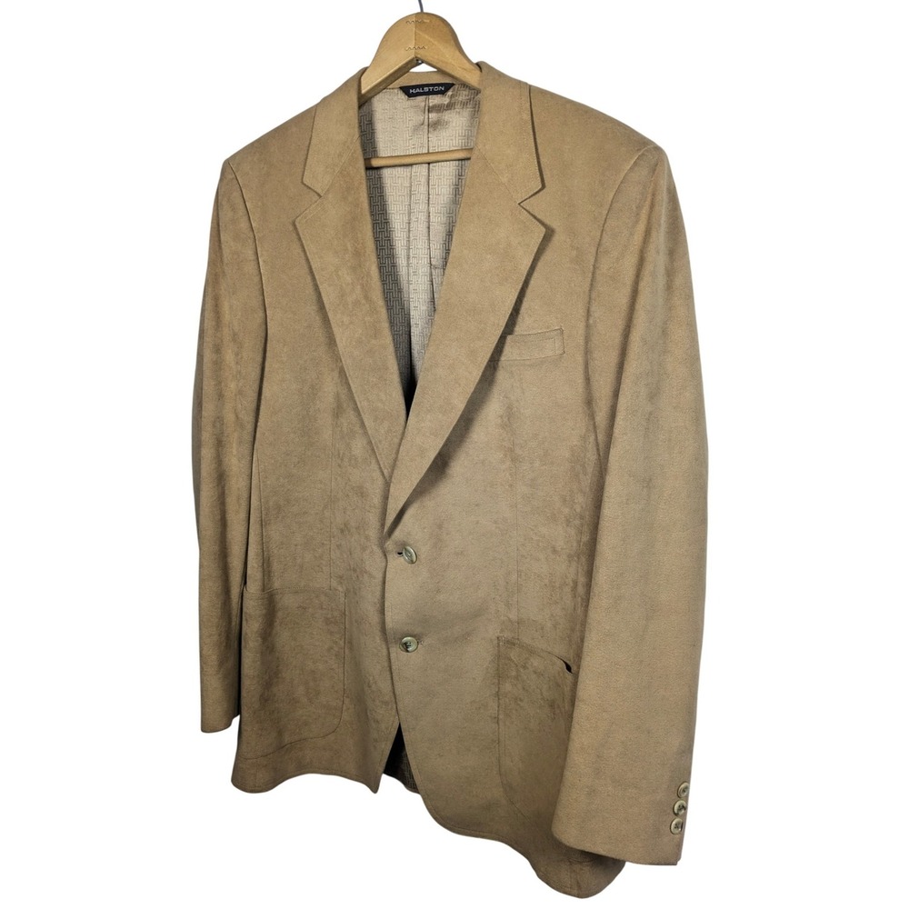 Halston Vintage 1970s Halsuede Tan Faux Suede Men's Blazer Jacket Large - Picture 2 of 8